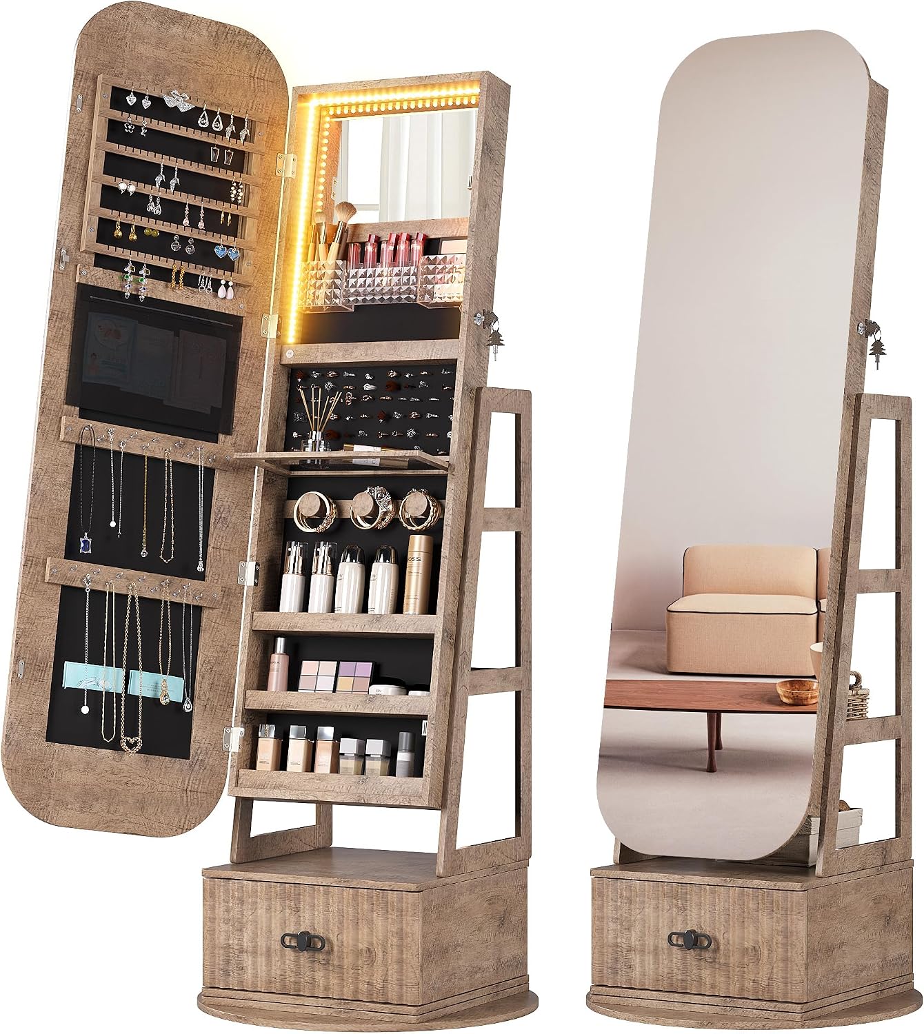 Full Length Mirror Jewelry Armoire - Organizer na biżuterię z obrotową podstawą