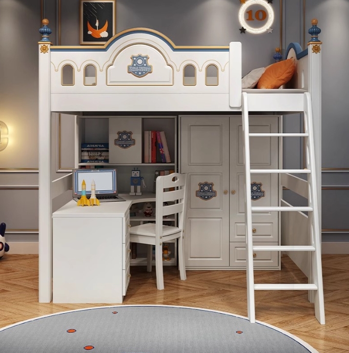 Bunk Bed With Stairs And Slide - Łóżko piętrowe z drewnianym zamkiem dla