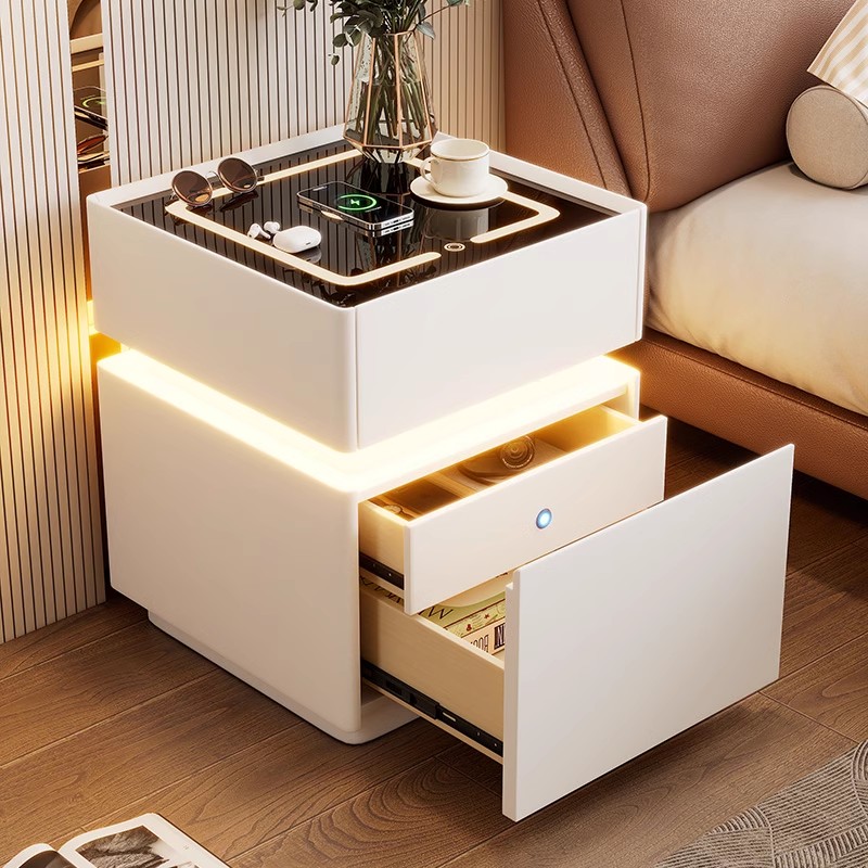 Solid Wood Nightstand 2 Drawers - Inteligentny stolik nocny z lampką z