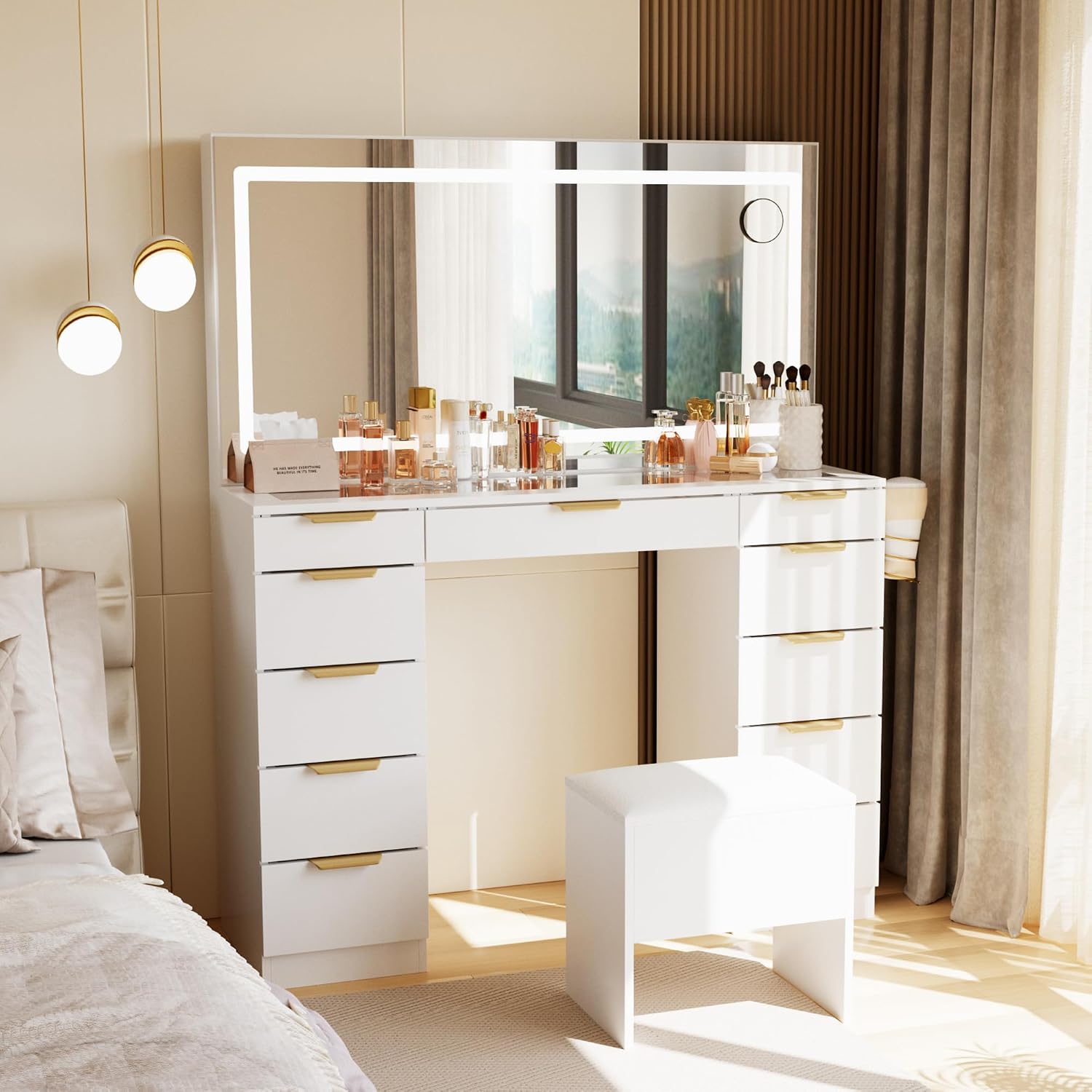 Dressing Table Vanity With Lighted Mirror - Toaletka z szklanym blatem, lustrem i
