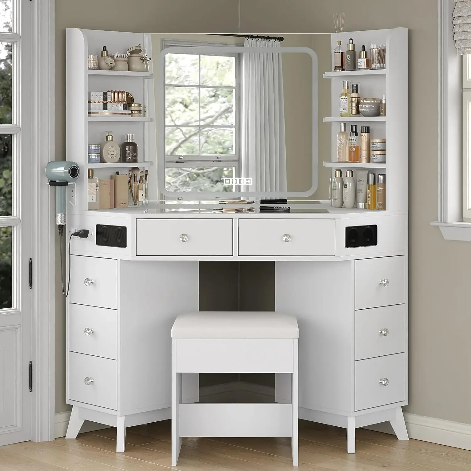 Dressing Table Vanity With Lighted Mirror - Toaletka narożna z głośnikami, szufladami, półkami,