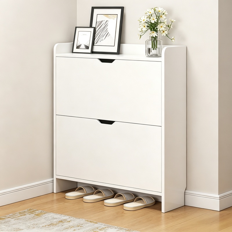 Shoe Rack Cabinet Narrow Entryway - Dwupoziomowa drewniana szafka na buty z