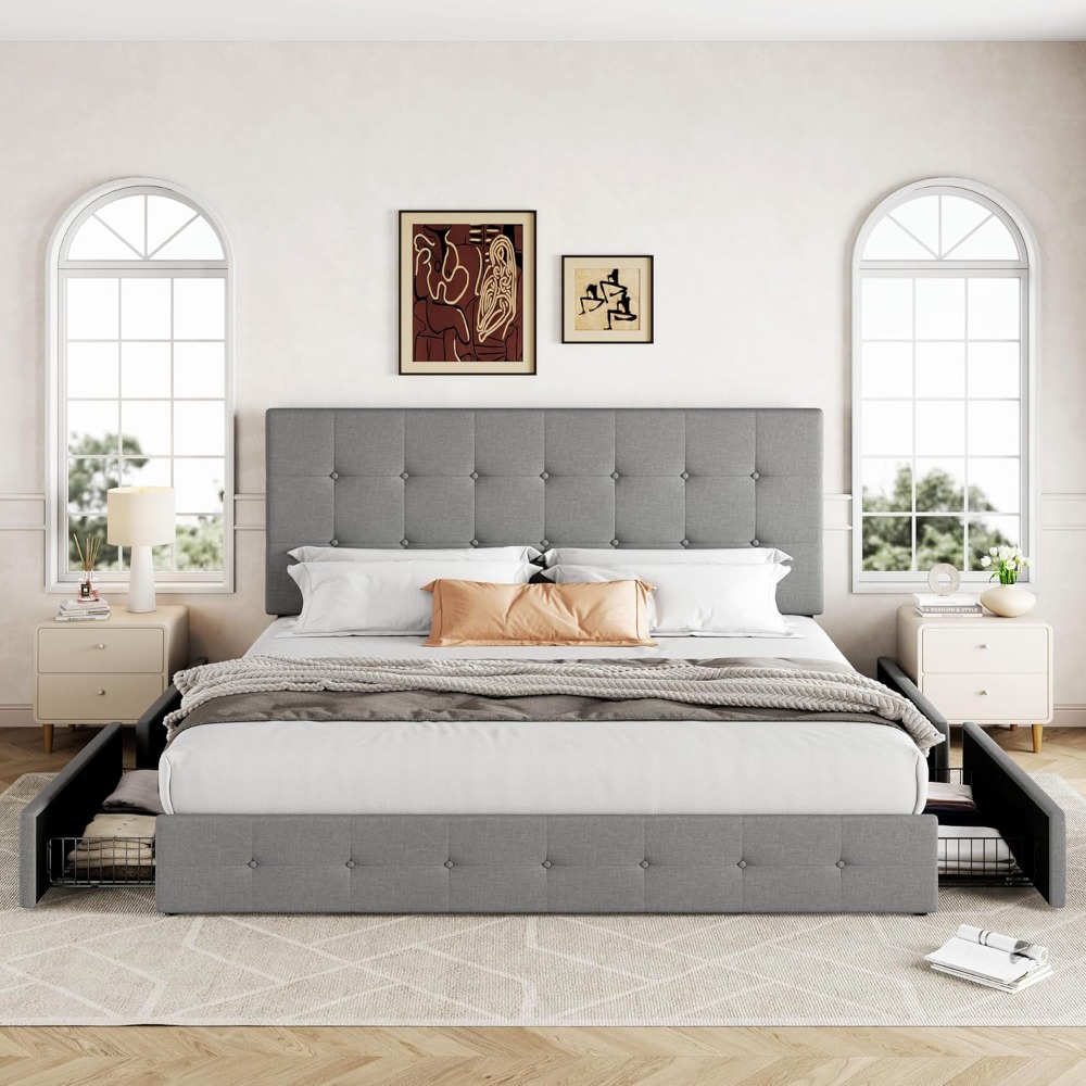 King Size Bed Frame With Storage Drawers - Łóżko platformowe King Size z szufladami