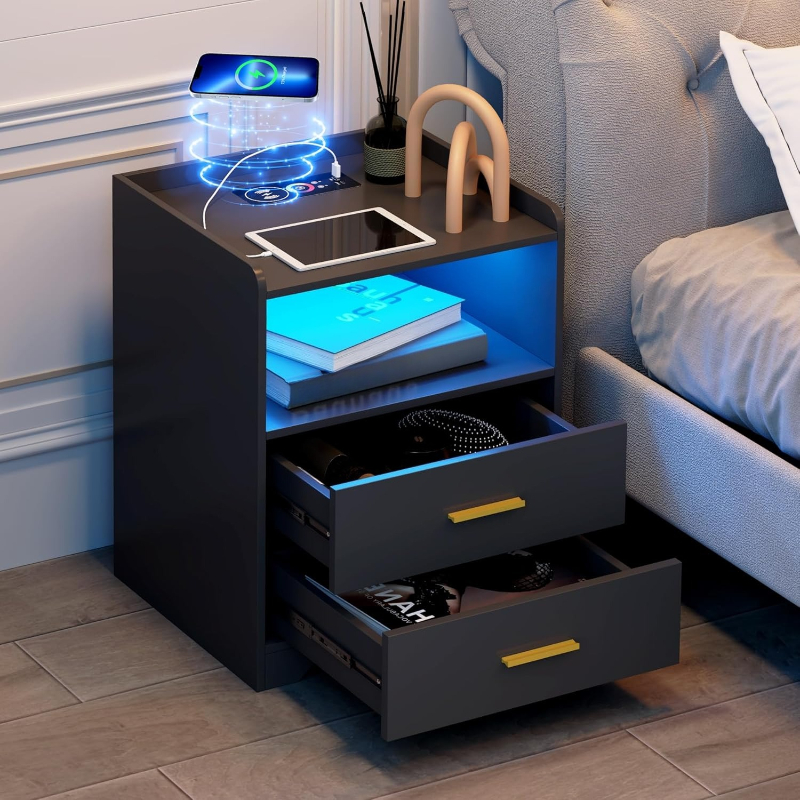 Czarna szafka nocna z stacją ł – Solid Wood Nightstand 2 Drawers recenzja i cena